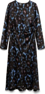 MANGO Draped Long Sleeve Satin Midi Dress