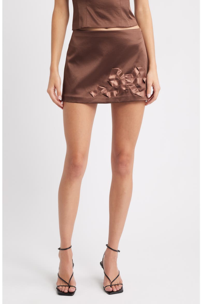 Nadina Bow Satin Miniskirt, Main, color, CHOCOLATE BROWN