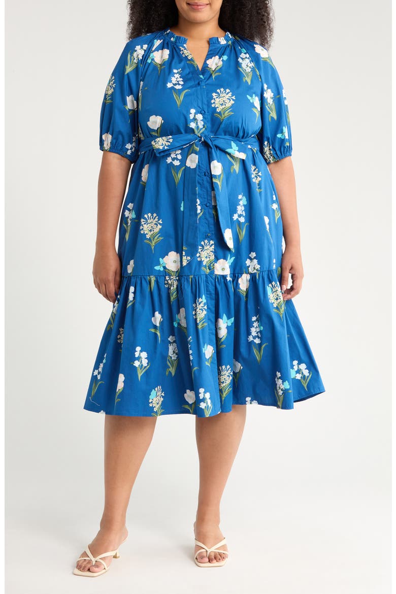 Madison Floral Wynette Cotton Tiered Midi Shirtdress, Main, color, BLUE/ WHITE/ GREEN