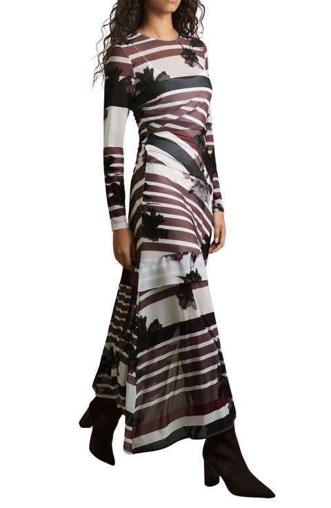 Chiara Print Mesh Long Sleeve Maxi Dress