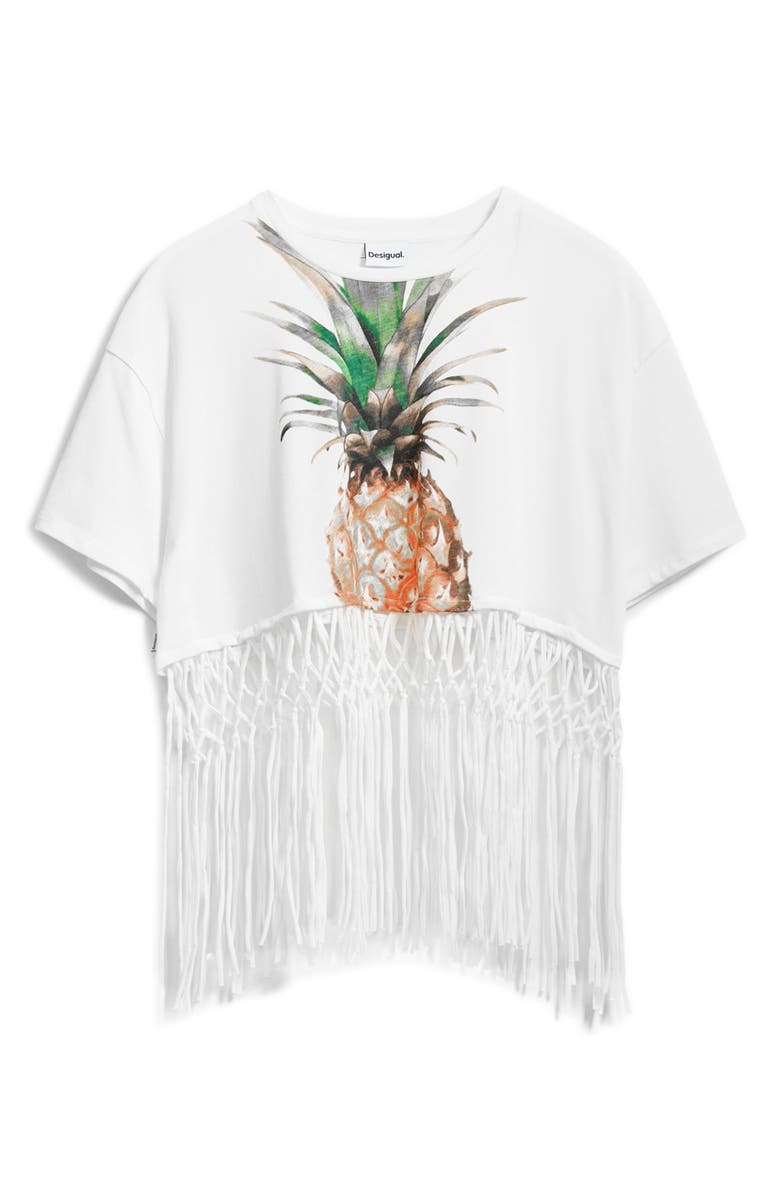 Desigual Braided Fringe Crop Graphic T-Shirt, Alternate, color, White Multi