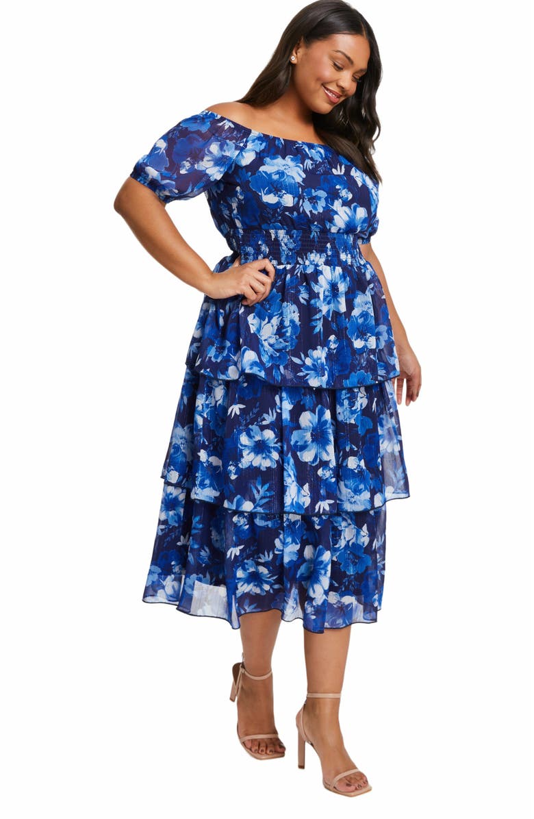 QUIZ Plus Size Chiffon Floral Bardot Tiered Midi Dress, Alternate, color,