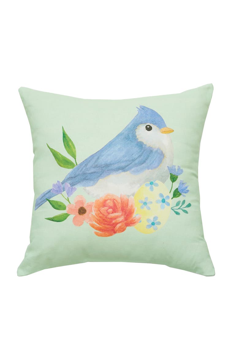 Bluebird & Flowers Cotton Blend HD Printed Green Accent Throw Pillow 18" x 18", Main, color, Green