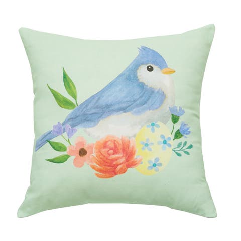 Bluebird & Flowers Cotton Blend HD Printed Green Accent Throw Pillow 18" x 18"