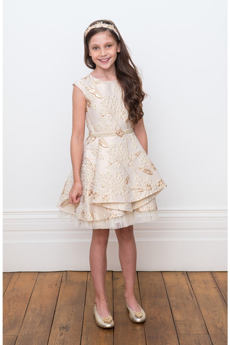 Brocade & Imitation Pearl Belted Fit & Flare Dress, Alternate, color, IVORY