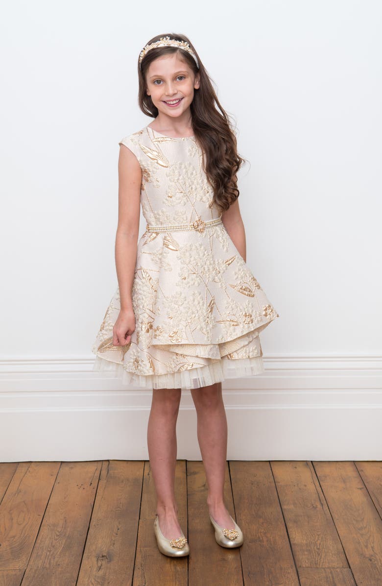 David Charles Brocade & Imitation Pearl Belted Fit & Flare Dress, Alternate, color,