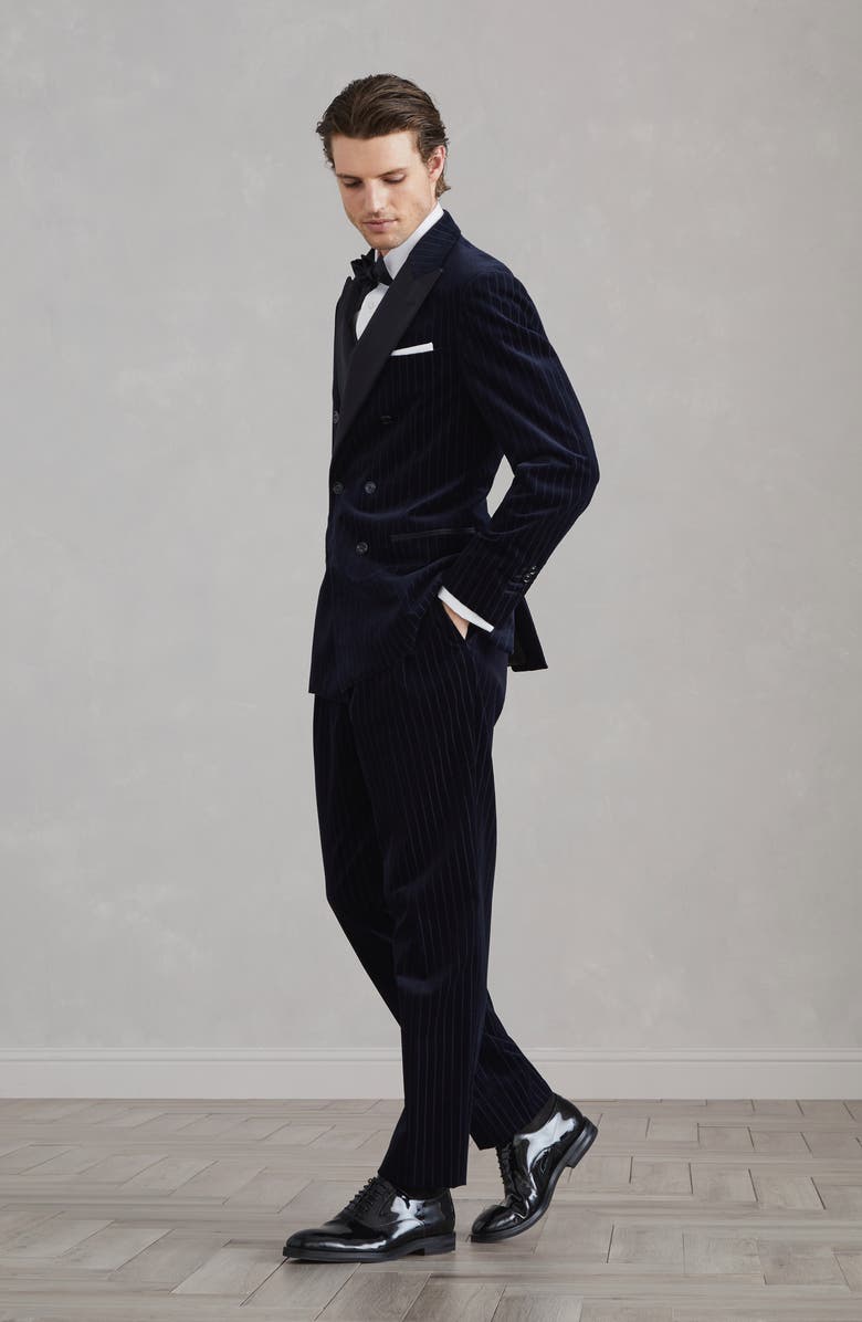 Brunello Cucinelli Comfort cotton pinstripe corduroy tuxedo with one-and-a-half breasted jacket and trousers with double pleats, Alternate, color, 