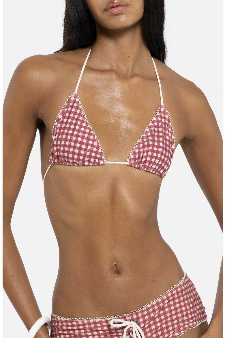 Gingham Picot Trim Triangle Bikini Top, Main, color, RED