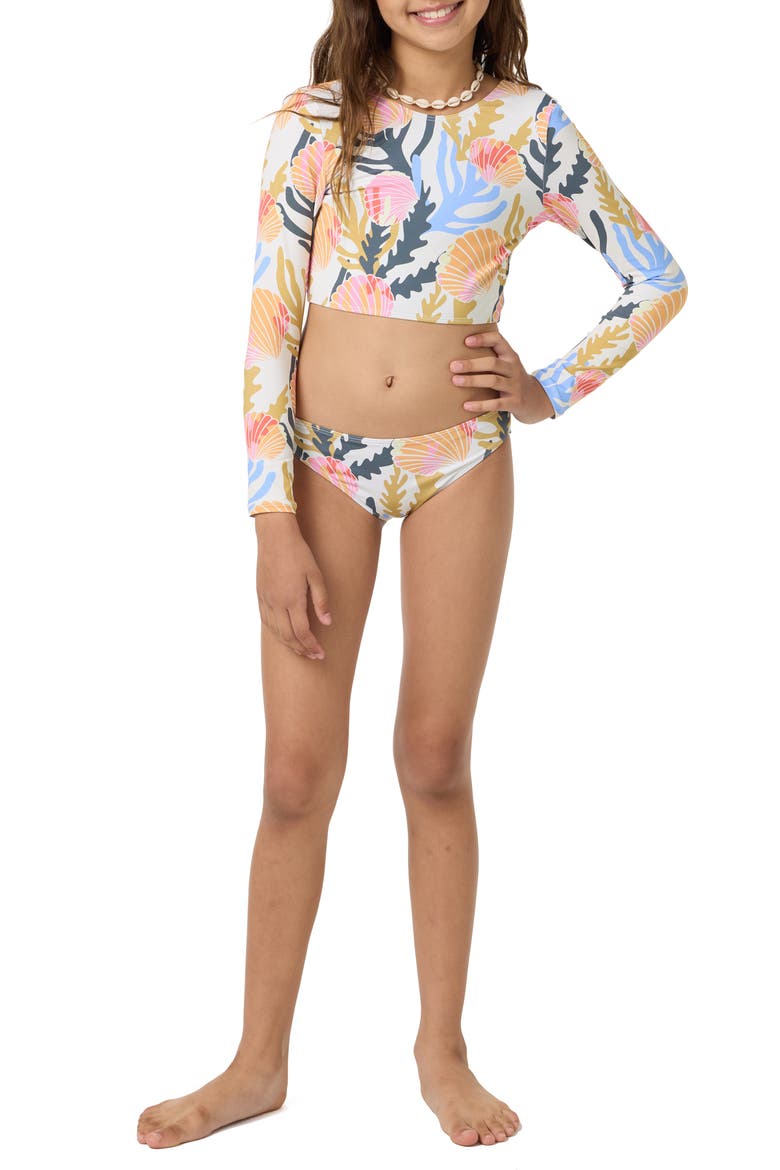 Kids' Cora Geo Long Sleeve Crop Two-Piece Rashguard Swimsuit, Alternate, color, OFF WHITE MULTI COLORED