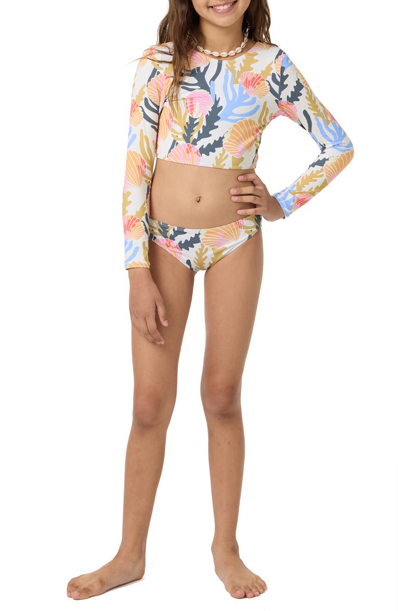 O'Neill Kids' Cora Geo Long Sleeve Crop Two-Piece Rashguard Swimsuit, Alternate, color, 