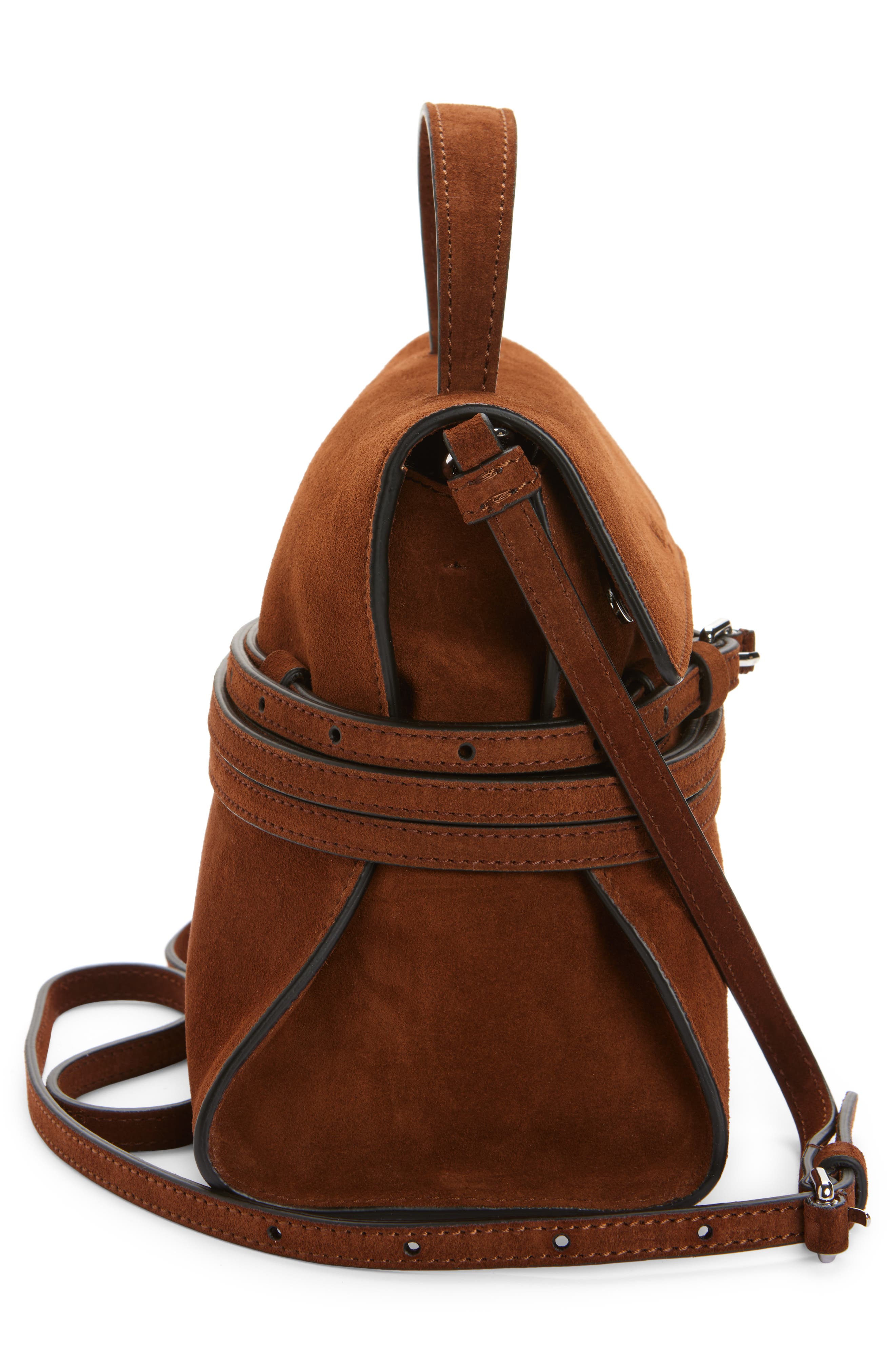 Moschino Tie Me Suede Handbag, Alternate, color, Brown