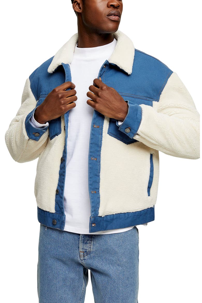 Cut & Sew Fleece & Denim Jacket, Main, color, BLUE