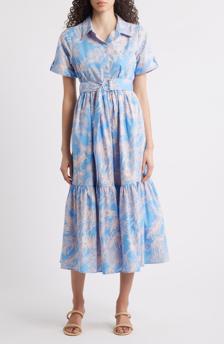 Halogen<sup>®</sup> Floral Short Sleeve Cotton Midi Shirtdress, Main, color, Della Blue