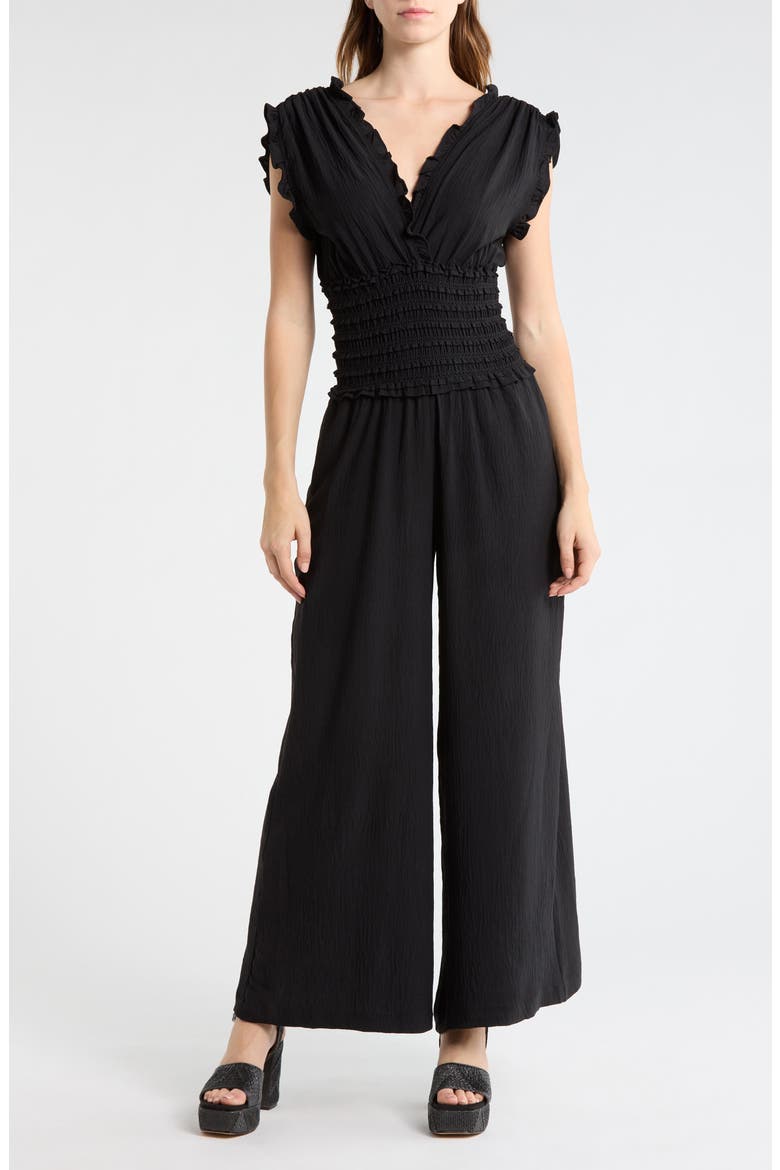 V-Neck Smocked Waist Jumpsuit, Main, color, BLACK-BLACK