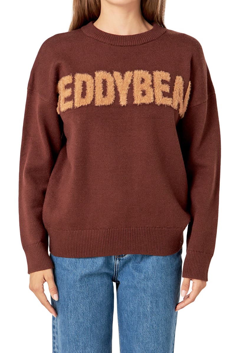 English Factory Teddy Bear Sweater, Main, color, Brown