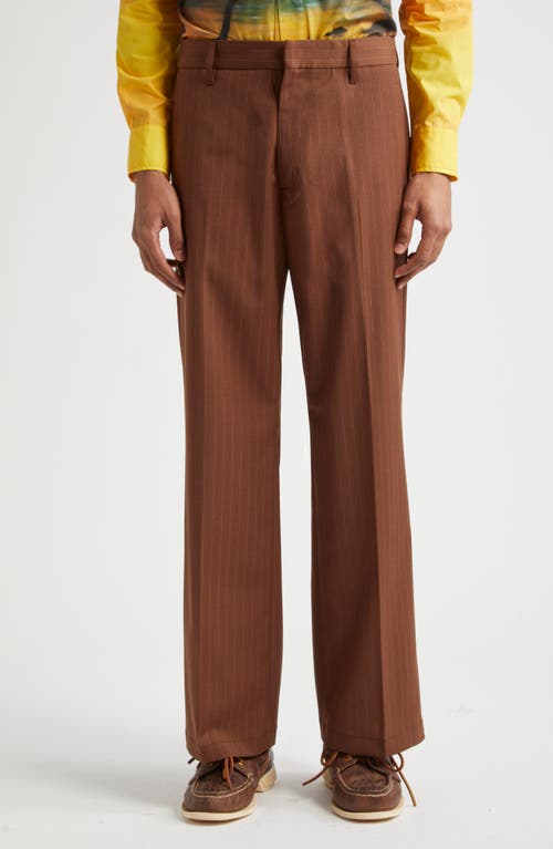 STOCKHOLM SURFBOARD CLUB Sune Pinstripe Flat Front Pants in Brown Pinstripe 