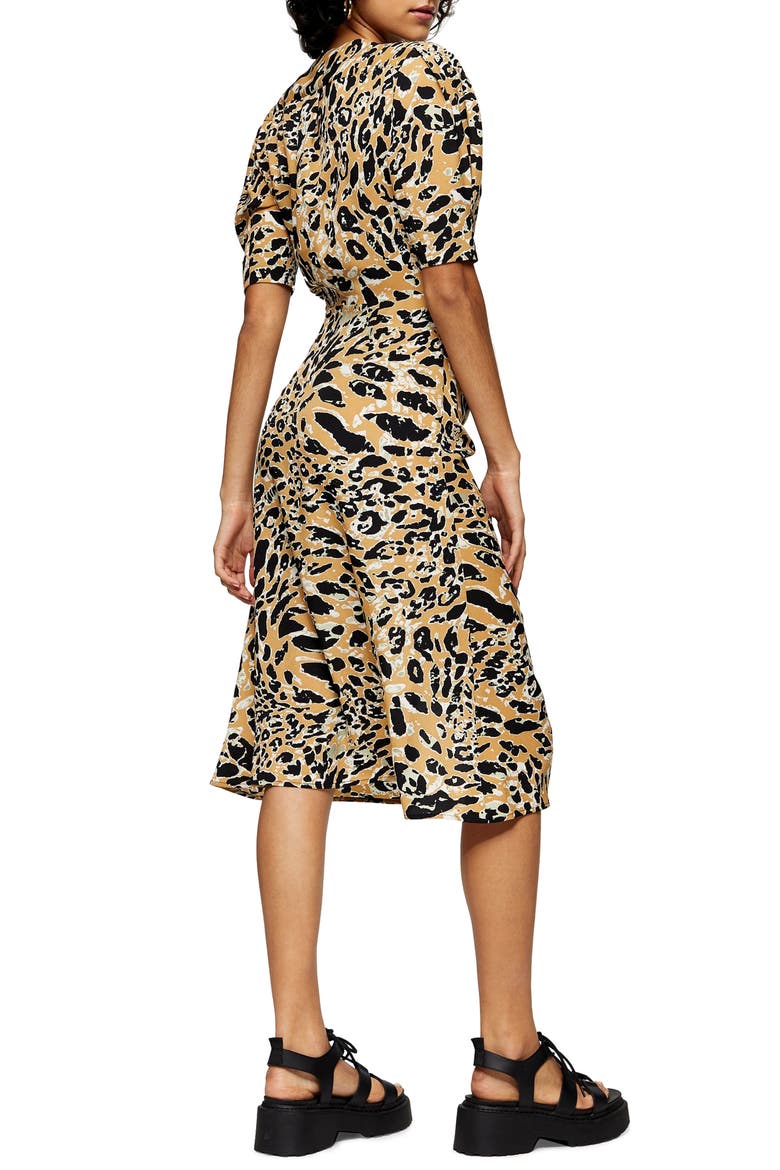 Leopard Print Mock Wrap Midi Dress, Alternate, color, BROWN MULTI