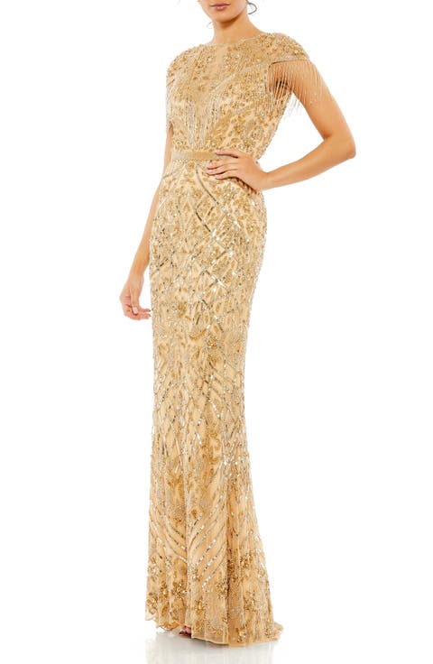 Embellished Fringe Cap Sleeve Trumpet Gown