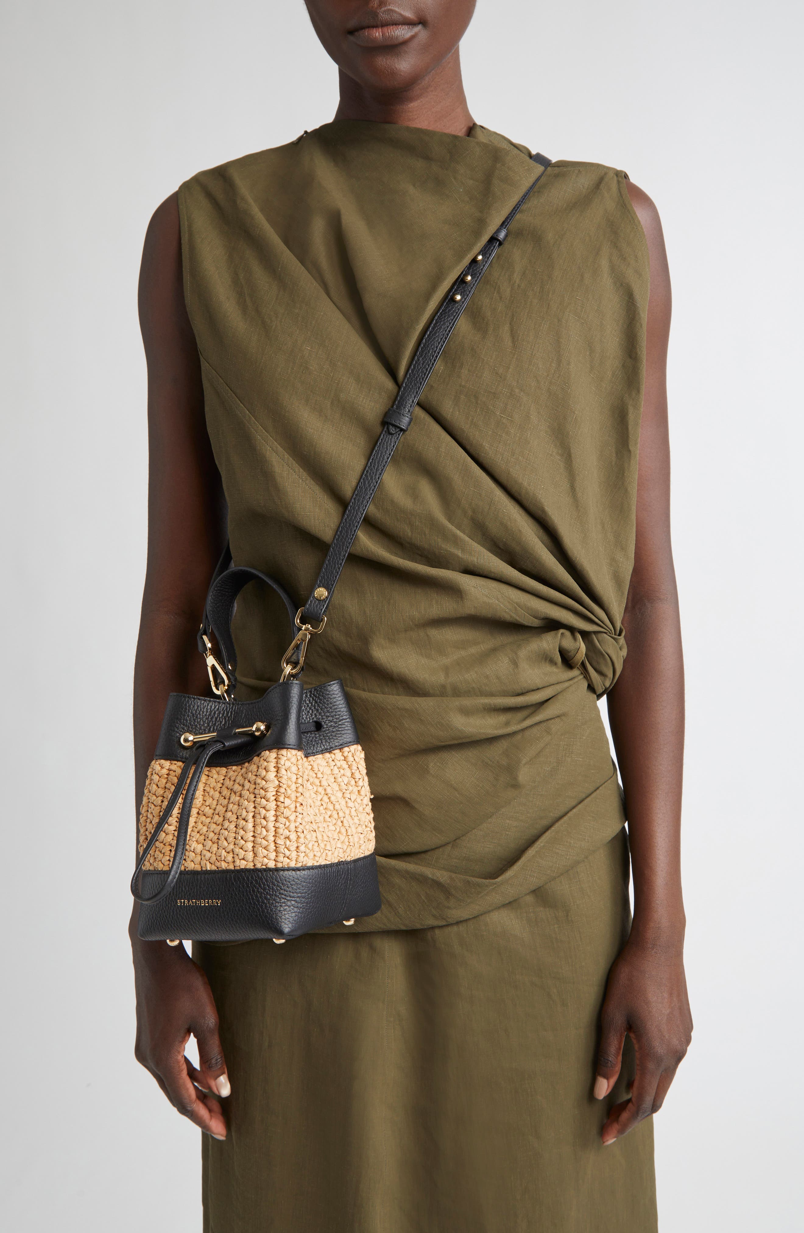 Strathberry Lana Osette Raffia & Leather Bucket Bag, Alternate, color, Black