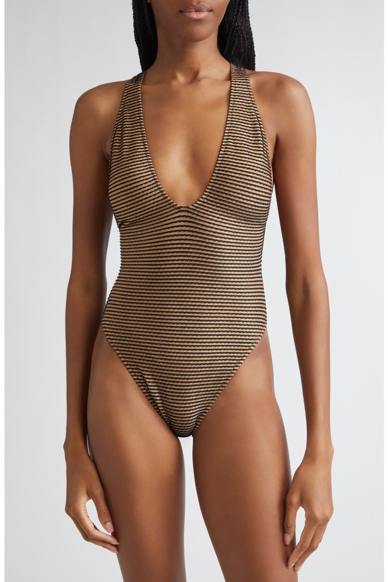 Kaia Plunge Neck One-Piece Swimsuit, Main, color, HELIOS