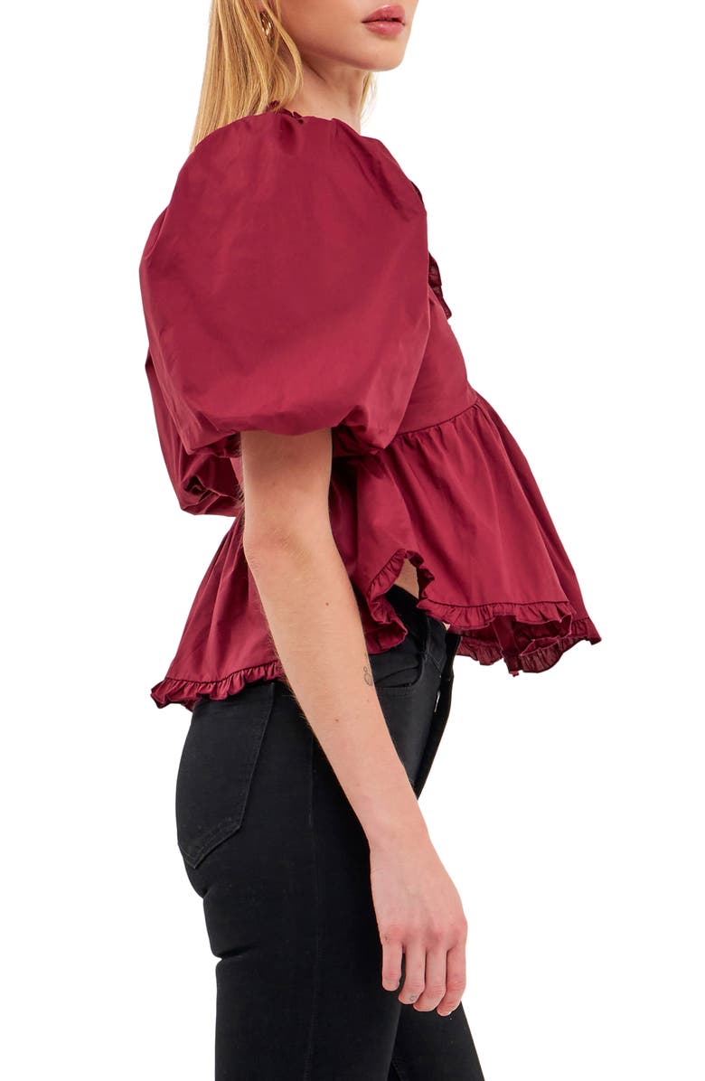 Endless Rose Ruffle Trim Puff Sleeve Peplum Cotton Top, Alternate, color, Burgundy