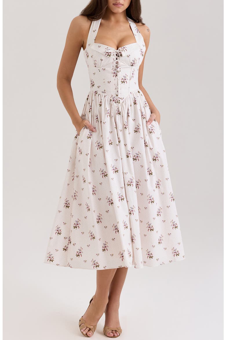 Emiliana Floral Corset Halter Midi Dress, Main, color, BERRY SPOT CREAM