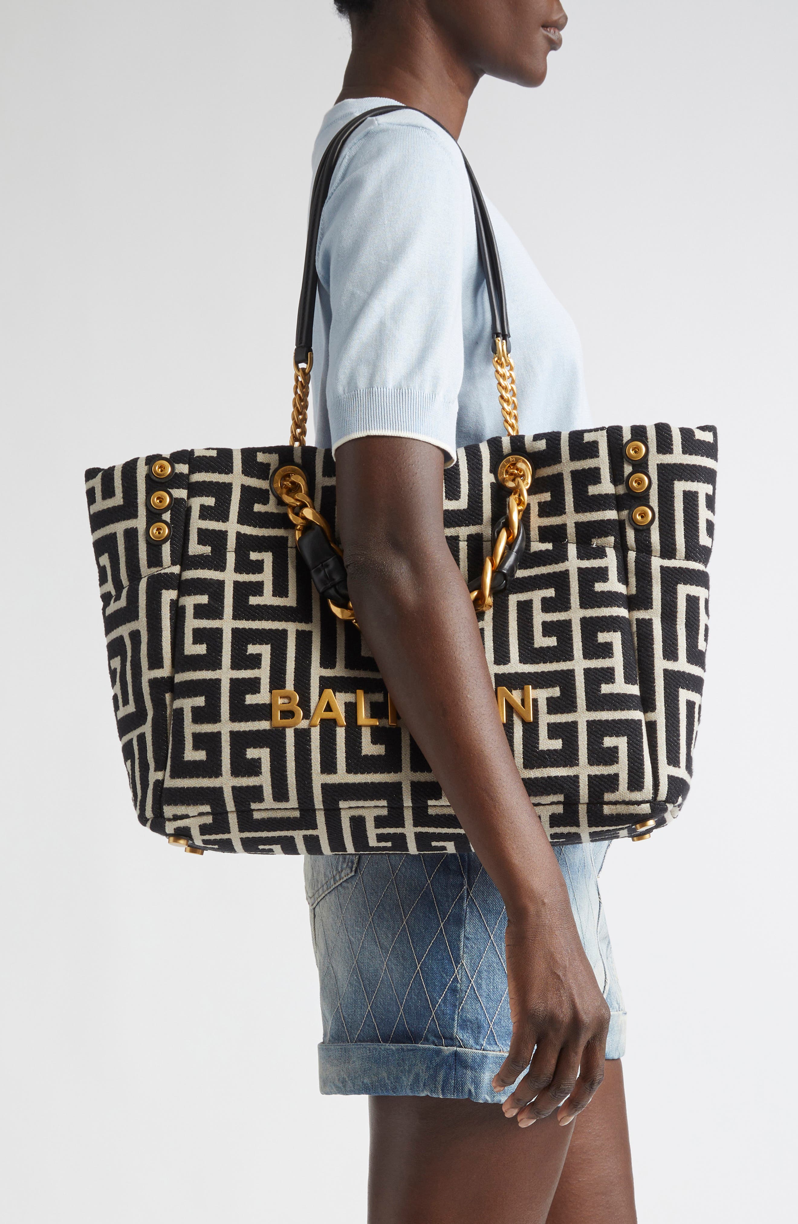 Balmain 1945 Soft Monogram Jacquard Tote, Alternate, color, Ivory/ Black