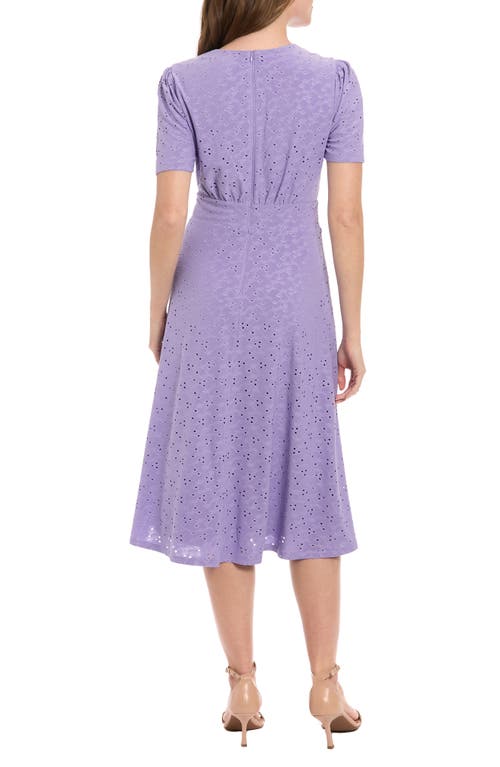 London Times Jesey Embroidered Eyelet Short Sleeve Dress In Purple