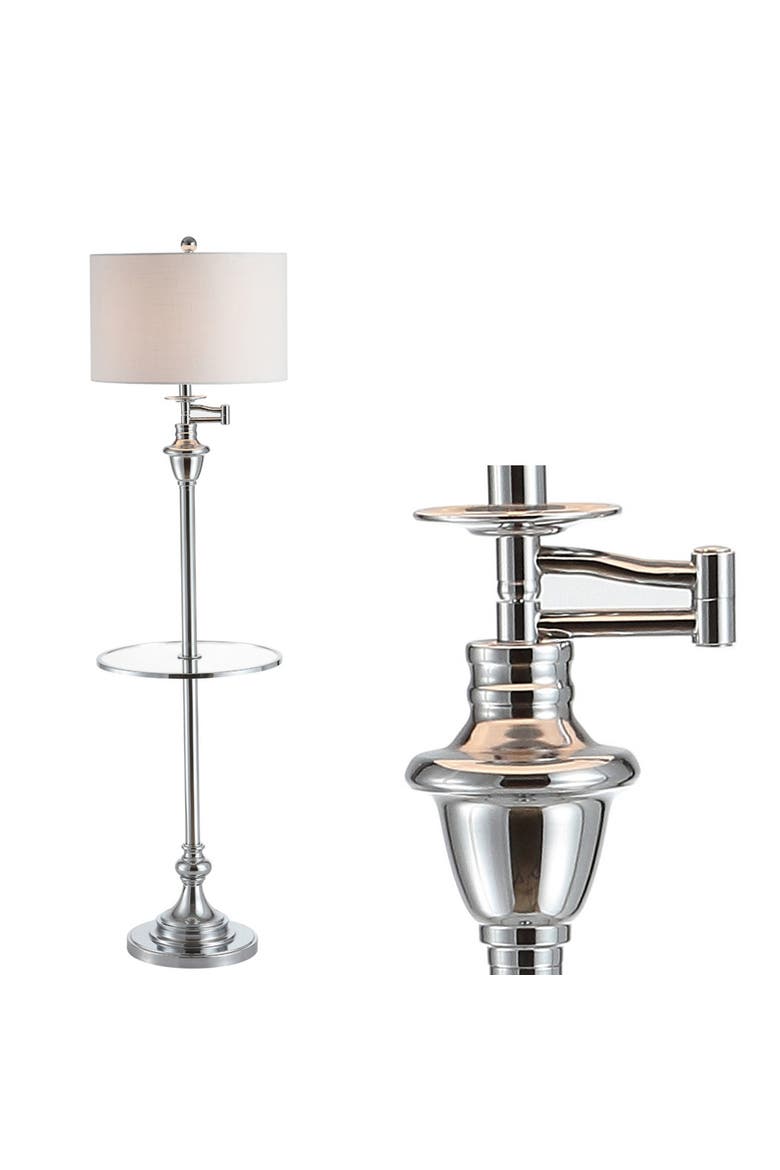 Cora Modern Metal LED Floor Lamp with Integrated Glass Side Table and Swing Arm, Main, color, Chrome