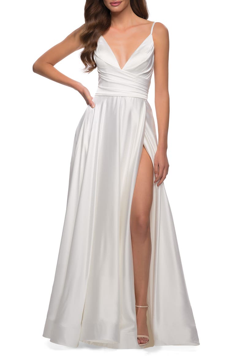 Long Satin Dress with Side Slit and V Shaped Back, Alternate, color, WHITE