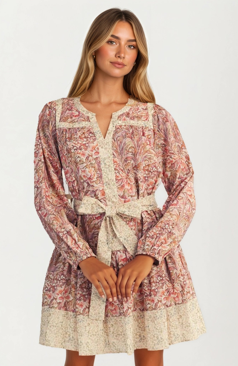 Knit and Lounge Long Sleeve Mini Dress with Contrast Tie Belt and Boho Print, Alternate, color, 