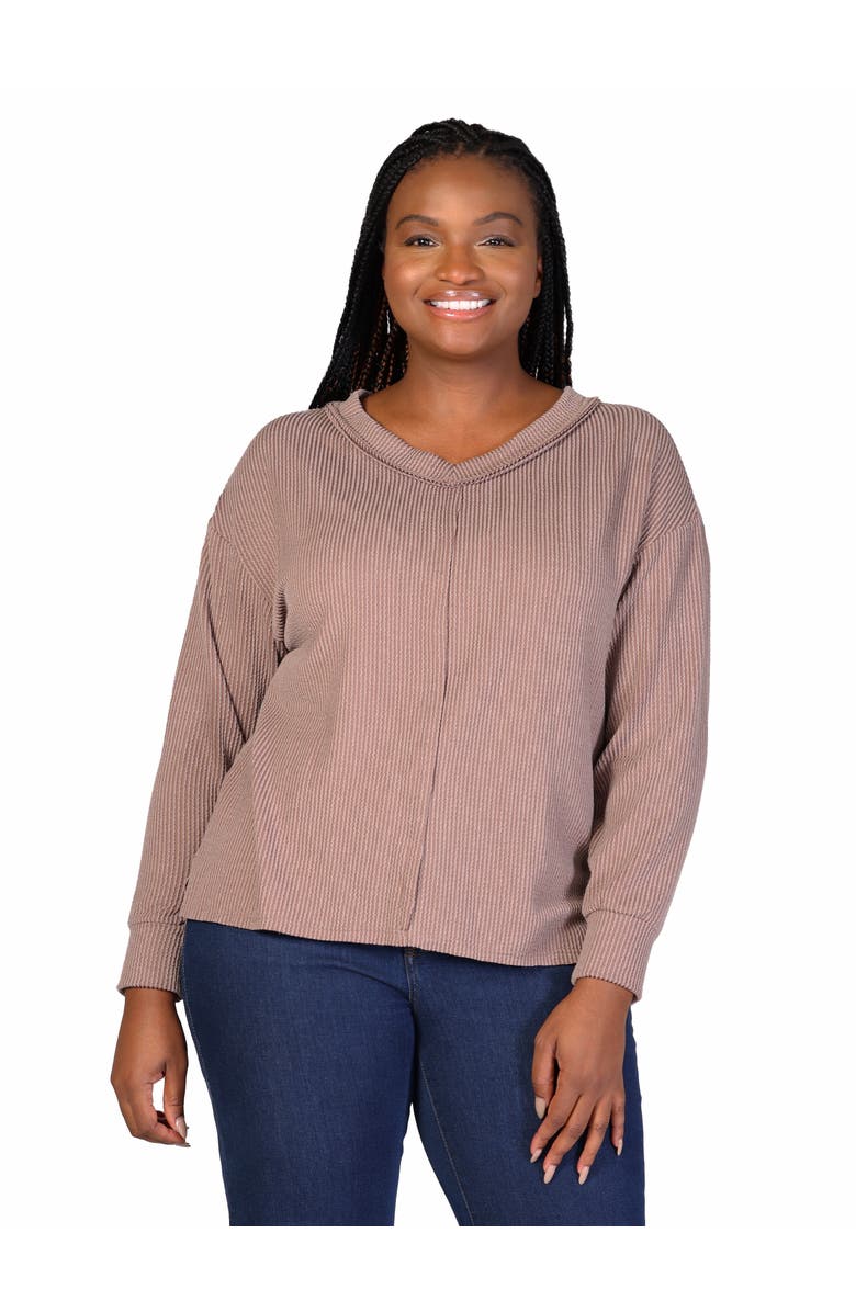 24seven Comfort Apparel Relaxed Fit Ribbed Knit V-Neck Sweater Top, Main, color, Taupe