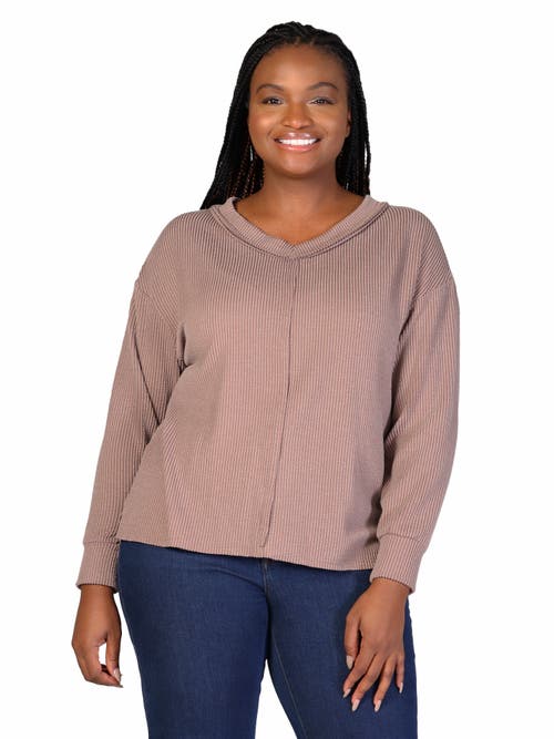 24seven Comfort Apparel Relaxed Fit Ribbed Knit V-neck Sweater Top In Brown