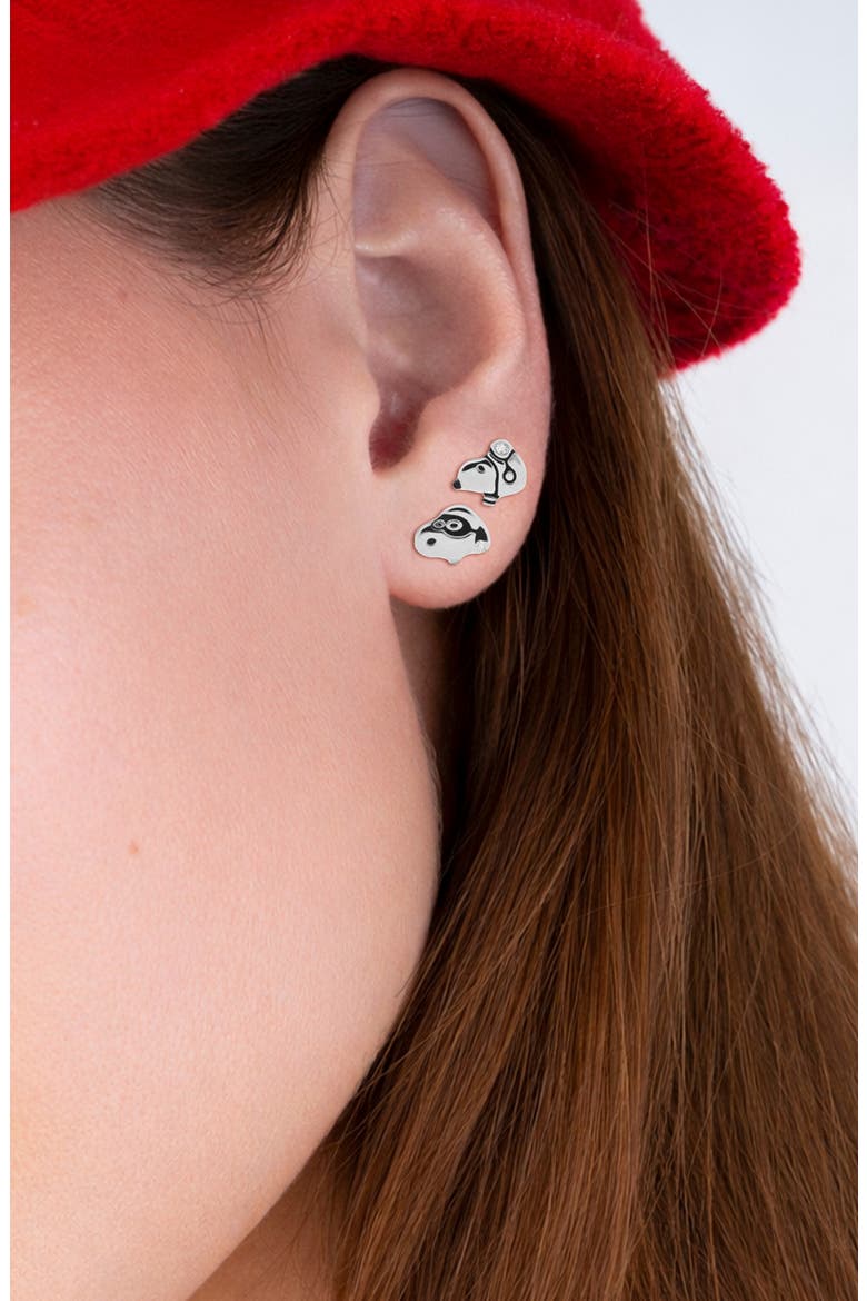 x Peanuts® Snoopy & Woodstock Set of 5 Assorted Single Stud Earrings, Alternate, color, PURE PLATINUM / CLEAR STONE