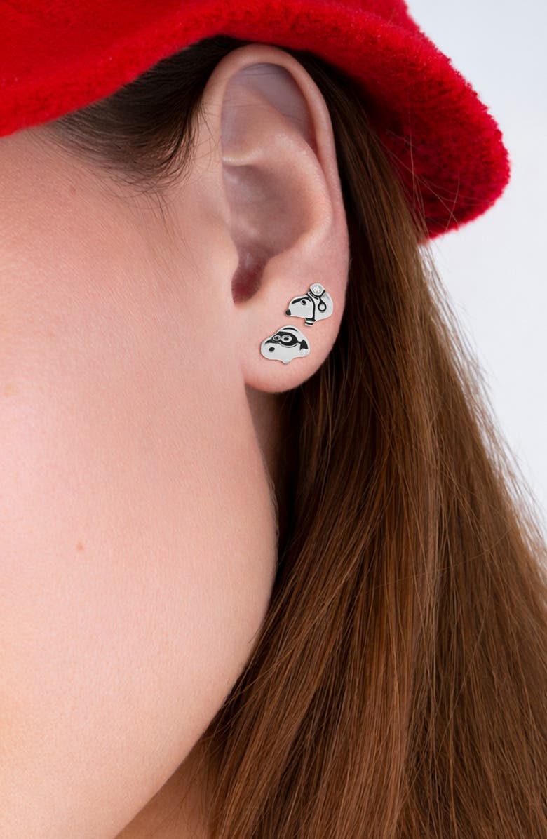 Crislu x Peanuts<sup>®</sup> Snoopy & Woodstock Set of 5 Assorted Single Stud Earrings, Alternate, color, Pure Platinum / Clear Stone