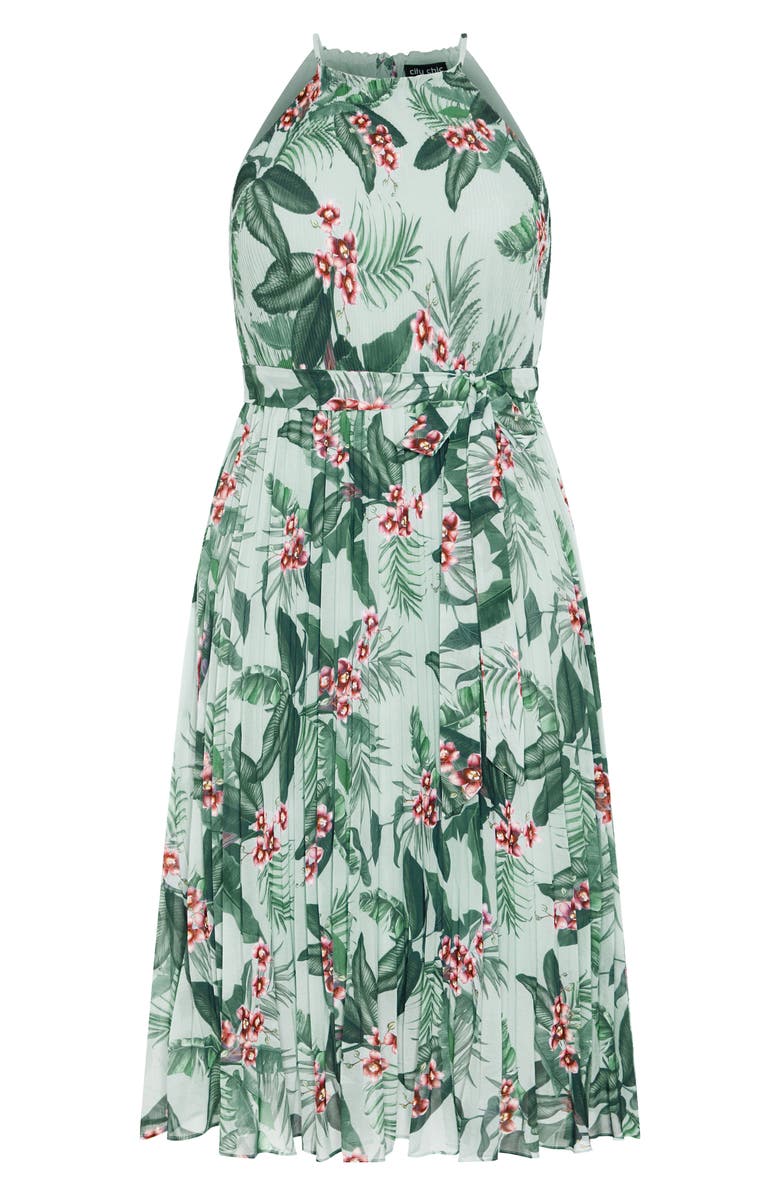 City Chic Rebecca Orchid Print Halter Neck Pleated Chiffon Maxi Dress, Alternate, color, 