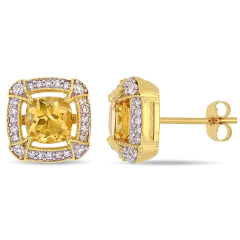 Gemstone & Diamond Halo Stud Earrings 10k