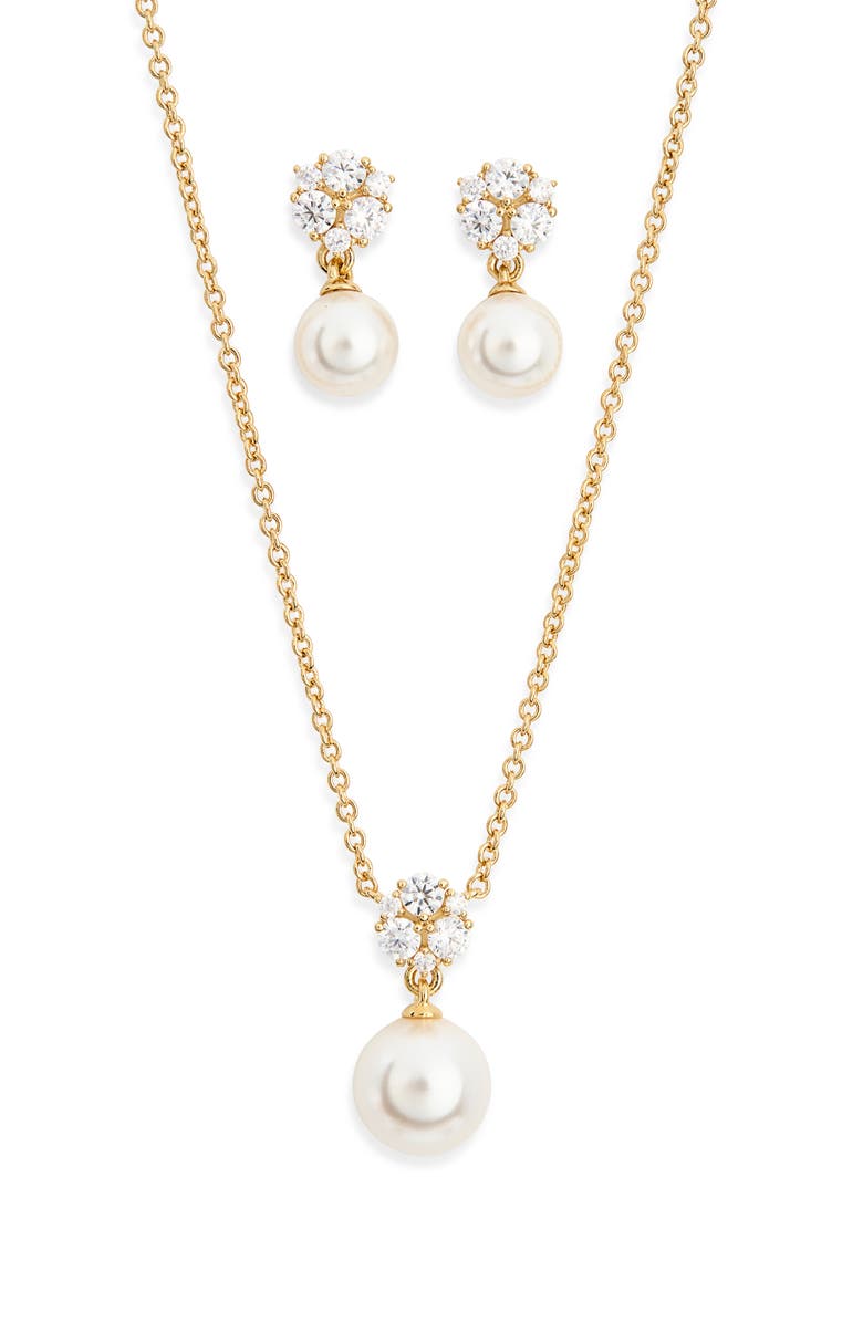 Nadri Camila Faux Pearl Pendant Necklace & Stud Earrings Set, Main, color, Gold