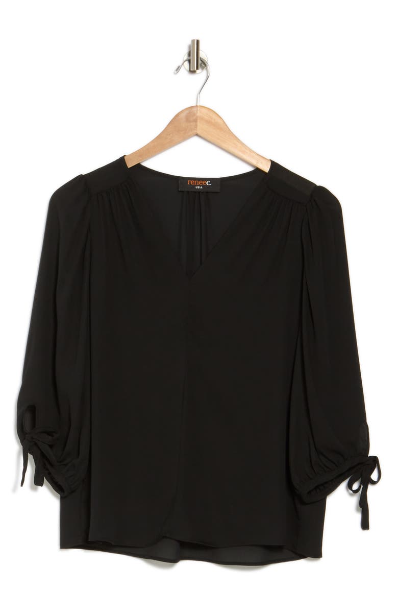 Renee C V-Neck Tie Sleeve Top, Alternate, color, Black