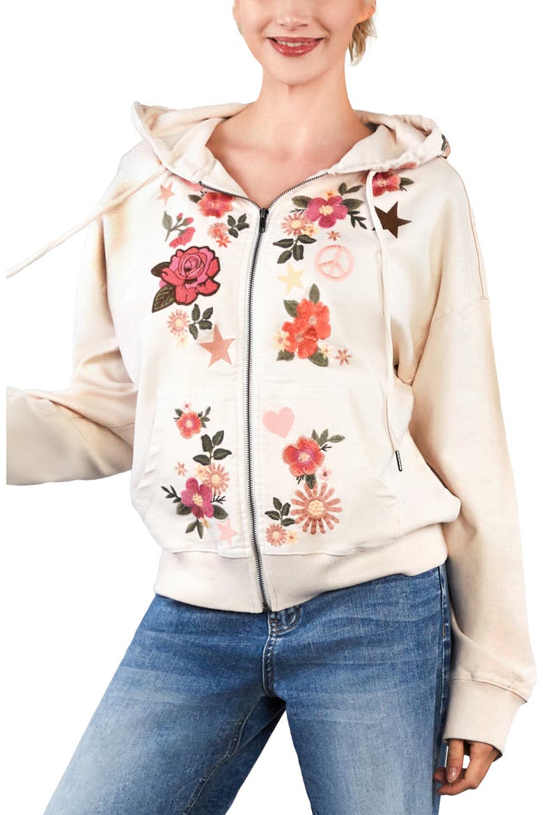 Camp Peace Floral Embroidered Denim Hoodie, Alternate, color, ICED LATTE