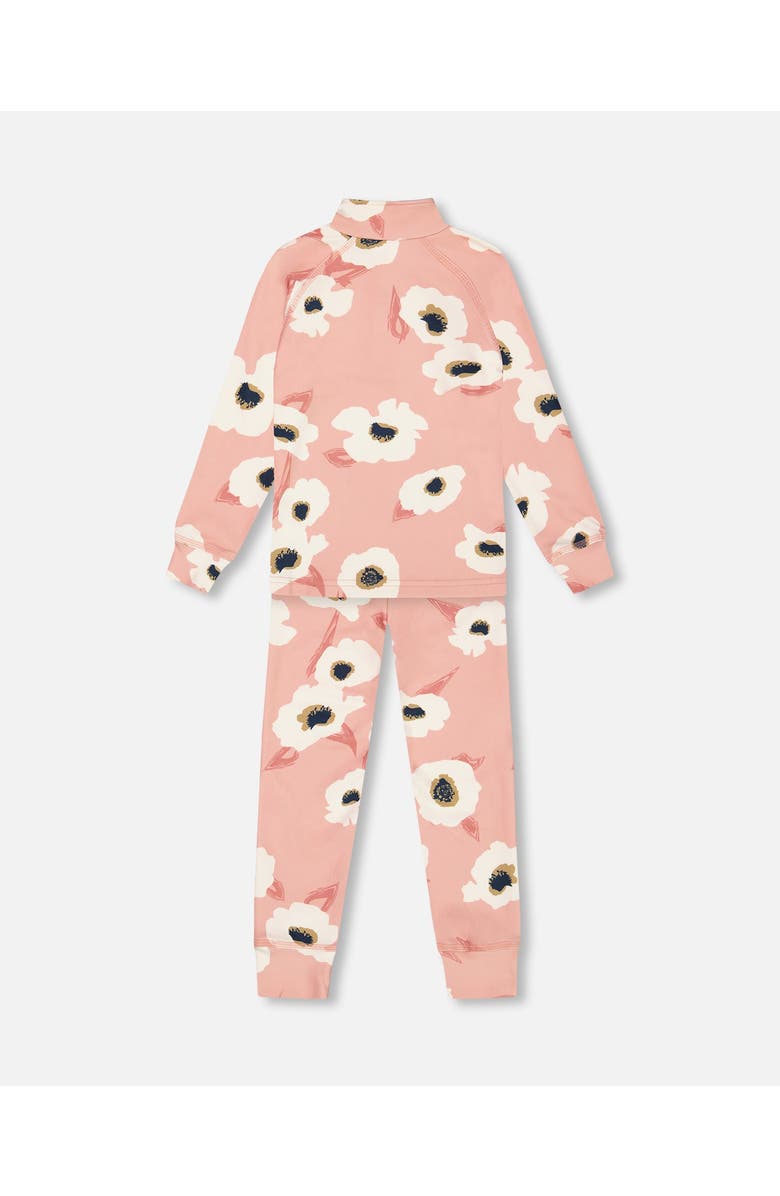 Deux par Deux Little Girl's Two Piece Thermal Underwear Set Pink Printed Off White Flowers, Alternate, color, 