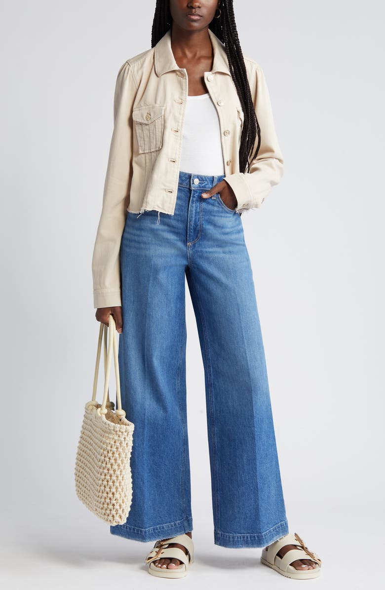 PAIGE Pacey Raw Hem Crop Twill Jacket, Main, color, Soft Beige