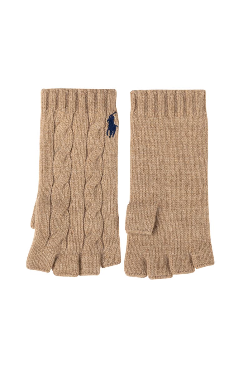 Wool Cashmere Classic Cable Fingerless Glove, Alternate, color, Camel