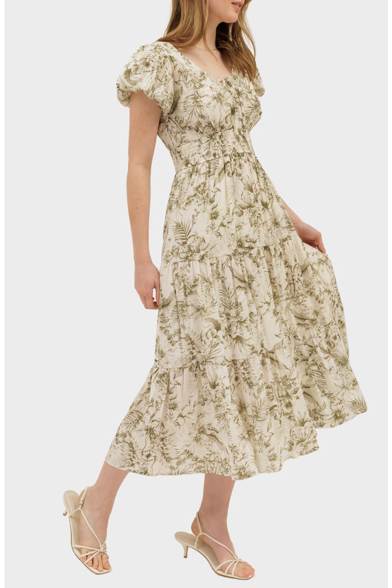 Floral Puff Sleeve Tiered Midi Dress, Alternate, color, OLIVE MULTI