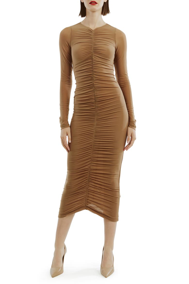 Jaya Gathered Long Sleeve Mesh Body-Con Dress, Main, color, TAN