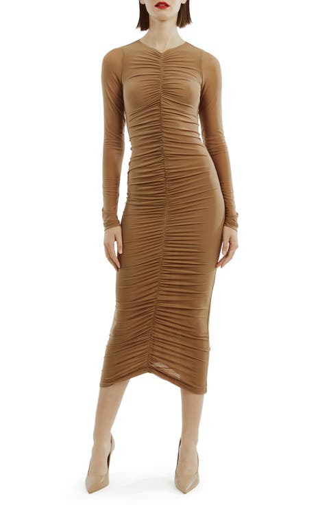 Jaya Gathered Long Sleeve Mesh Body-Con Dress
