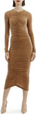 Bardot Jaya Gathered Long Sleeve Mesh Body-Con Dress