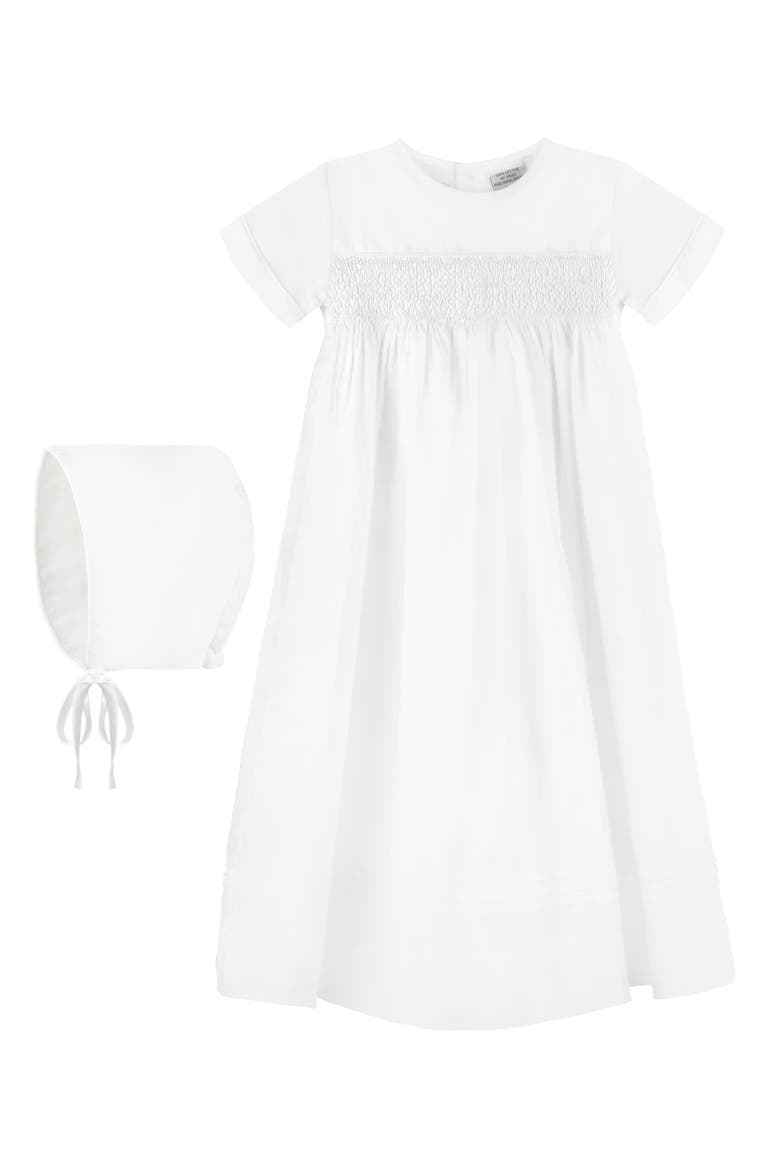 Smocked Christening Gown & Bonnet Set, Main, color, WHITE