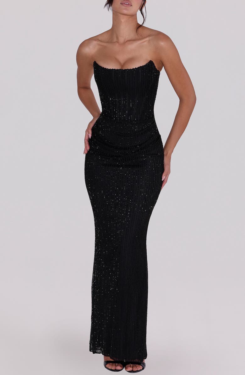 HOUSE OF CB Alicia Hand Beaded Strapless Mermaid Gown, Main, color, Black