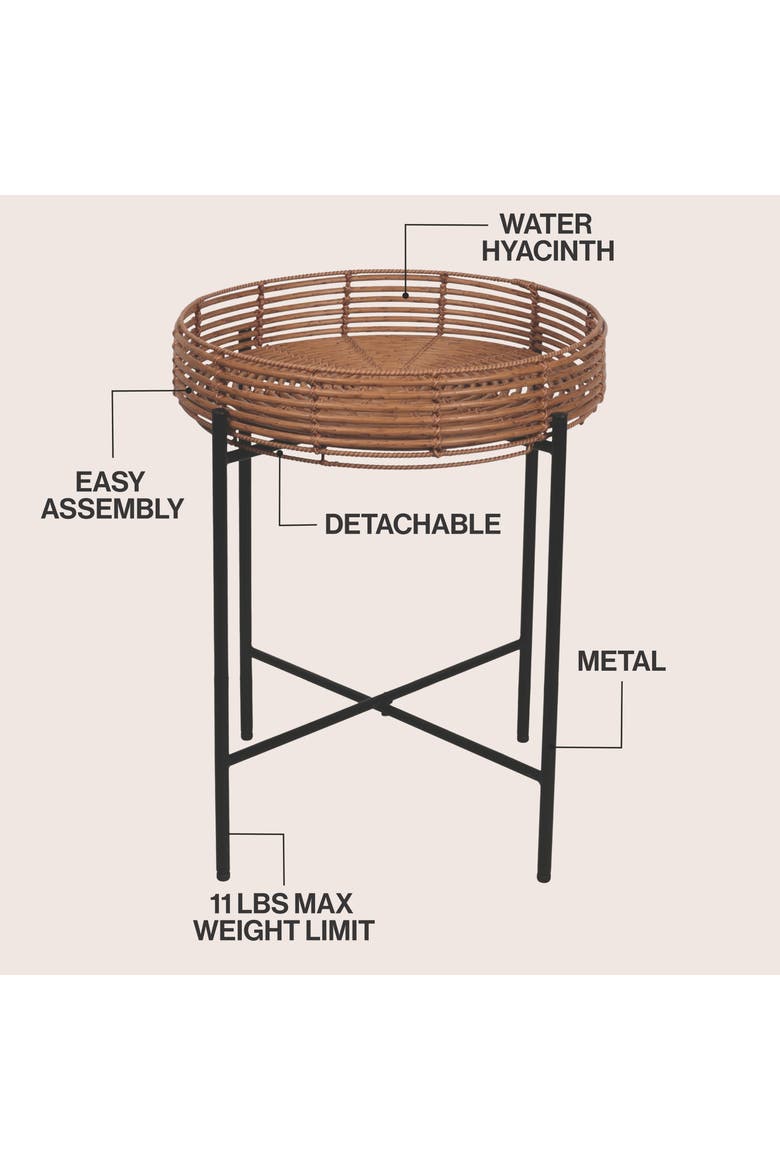 Malia Bohemian Round Faux Tray Top End Table, Woven Accent Side Table with Metal Cross Base for Living Room Bedroom, Alternate, color, Brown
